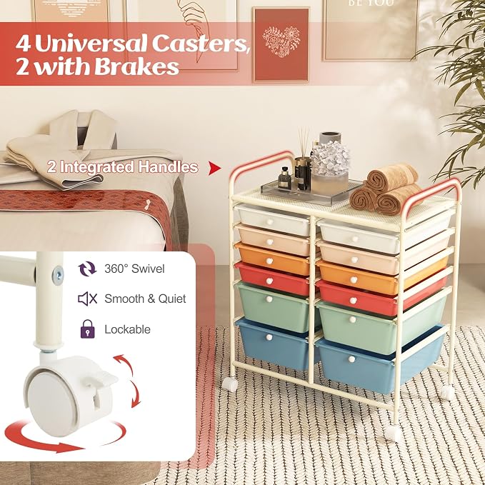 12 Drawer Rolling Storage Cart, Art Cart Organizer on Wheels, Mobile Utility Cart with Drawers, Multipurpose Craft Drawers for Home Office School Classroom (Macaron)