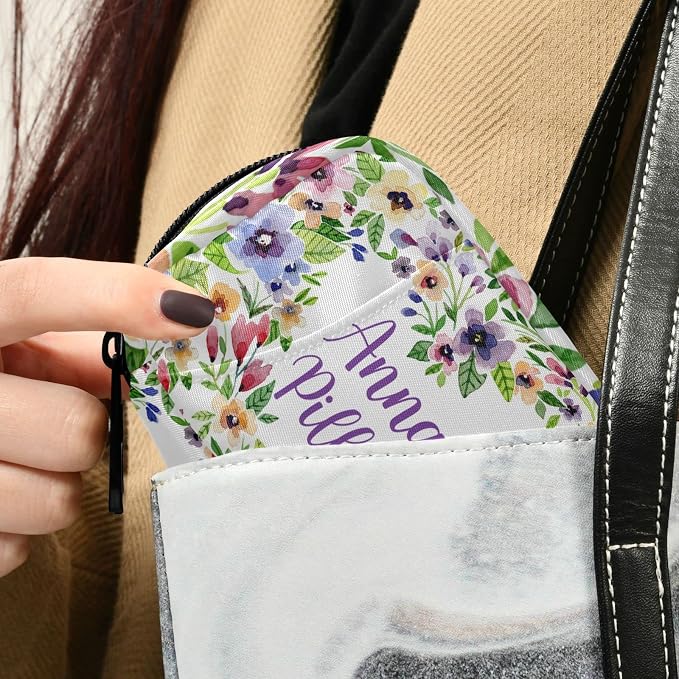 Custom Pill Box 7 Day Pill Case Bag Watercolor Spring Flowers Personalized Name Travel Pill Organizer Bag with Zipper Portable Weekly Case Compact Size for Vitamin Supplement Holder
