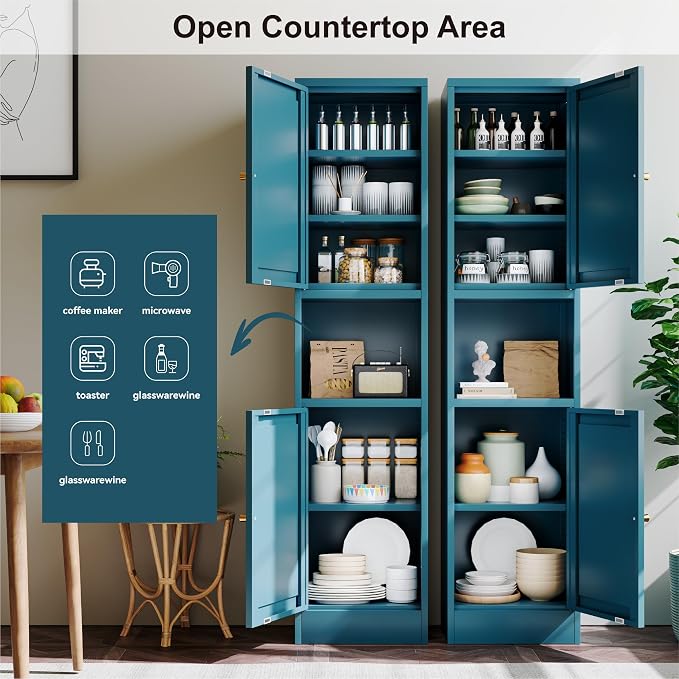 YAUWOH 2-Door Metal Storage Cabinet, Tall Slim Pantry Organizer with 3 Adjustable Shelves (120LBS/Shelf), Anti-Tipping Waterproof Cabinet for Bathroom/Kitchen/Home Office/Small Spaces,(1PC,Blue)