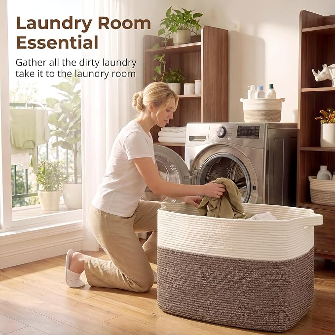 OIASKET 108L Cotton Rope Storage Basket for Living Room and Bedroom 25"x16"x16" Woven Laundry Basket, Heavy Duty Bin for Blankets, Pillows & Toys, Pet-Safe & Scratch-Free, Dark Brown and White