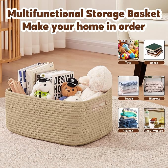 OIAHOMY Storage Basket for Shelves, Closet Cube Storage Bins Baskets for Clothes Blanket Towels, Baby Nursery, Toy Baskets Box, Woven Rope Basket, 15.75 * 11.81 * 7.09 ININ, 2 Packs Jute Yellow