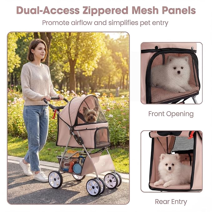 Giantex Foldable Pet Stroller for Small Dogs & Cats, Lightweight Dog Stroller with Lockable Wheels, One-Hand Quick Fold, Adjustable Canopy, Safety Leash & Storage Basket, Pet Travel Stroller, Beige