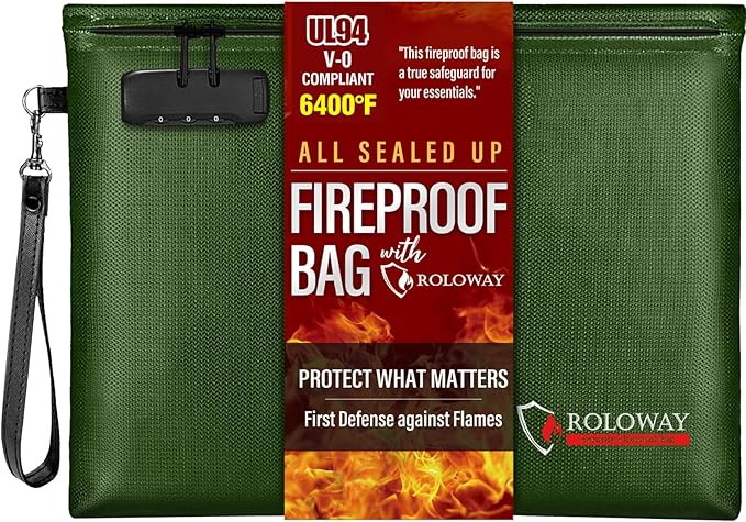 ROLOWAY Fireproof Document Bag (14.5 x 11.5 inch), 6400℉ Fireproof Money Bag with Zipper for Cash, Fire Safe Money Pouch with Lock (Green)