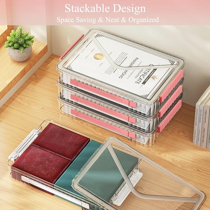 SAYEEC Clear File Storage Box Portable Project Case with Handle Plastic Storage Container with Lid Stackable Flat Storage Bin Document Magazine Protector Organizer for A4 Paper Photo Craft Scrapbook
