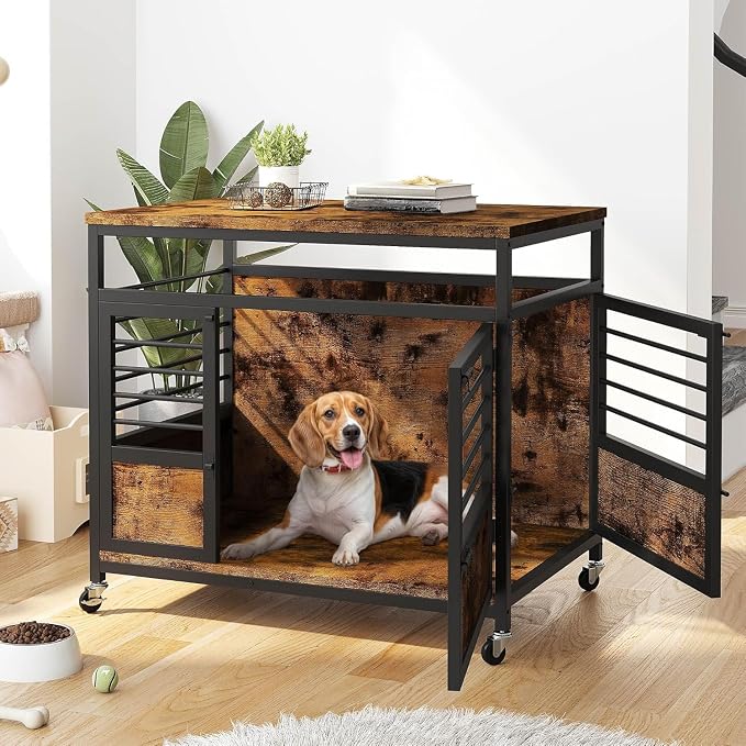 DWVO 32 Inch Dog Crate Furniture Corner End Table with Wheels | Dog Kennel Indoor Furniture for Small Dogs, Modern Decorative Wooden Dogs Cage, Chew-Resistant, Rustic Brown