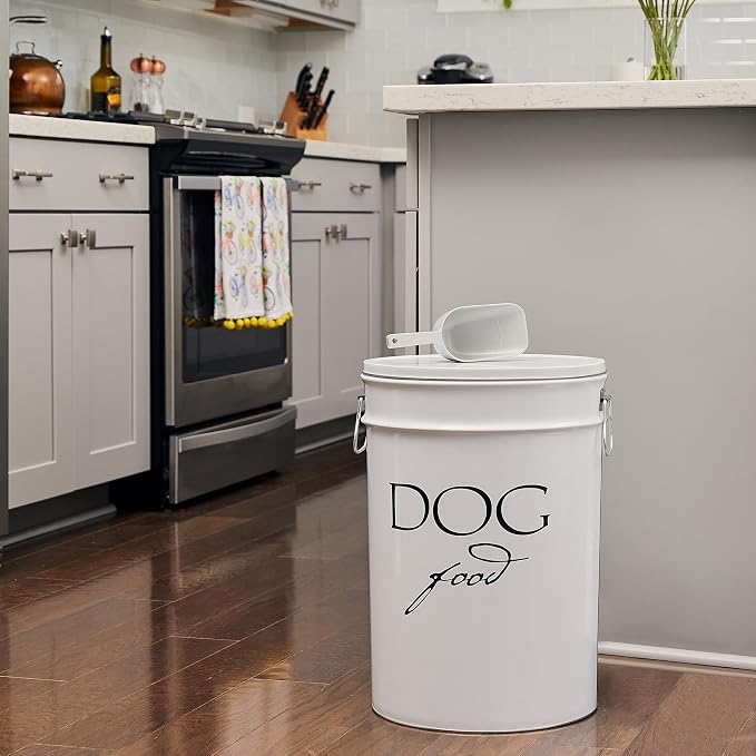 Harry Barker Classic White Dog Food Storage Canister – Medium, Airtight Stainless Steel Pet Food Container, Holds Up to 22 lbs Dry Dog Food, Kitchen Counter & Pantry Storage - White