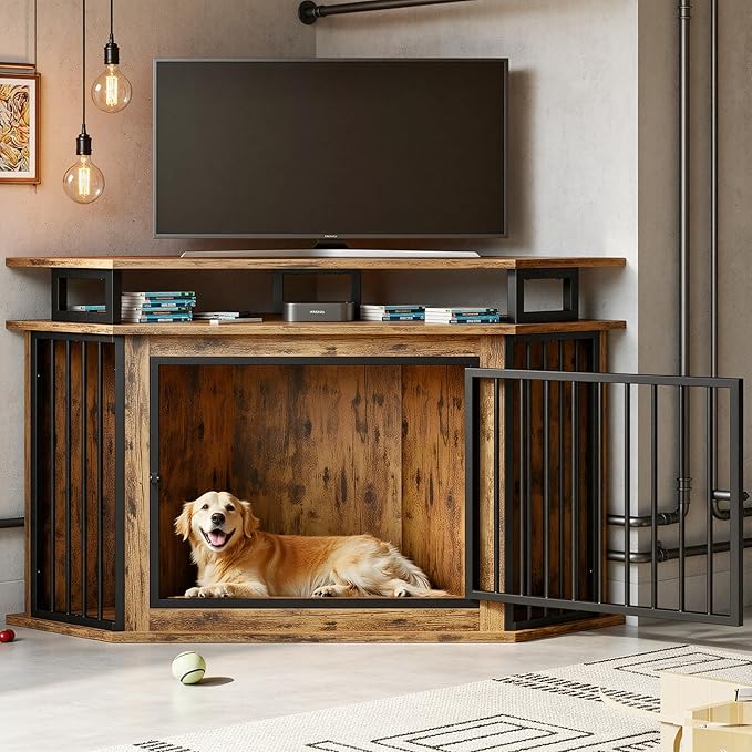 IRONCK 51" Large Corner Dog Crate Furniture with 2-Tier Storage Shelves | 10mm thickened iron frame. 2-tier shelves and 200 lb top. Space-saving design. 26.7" L x 51.2" W x 33.5" H. Rustic Brown