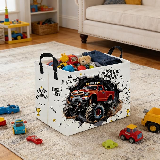 Rectangular Monster Truck Basket,Racing Car Storage Baskets,Cute Basket for kids with Handles,Kid Room Decor Gift,Car Room Decor,Book baskets(Monster Truck)
