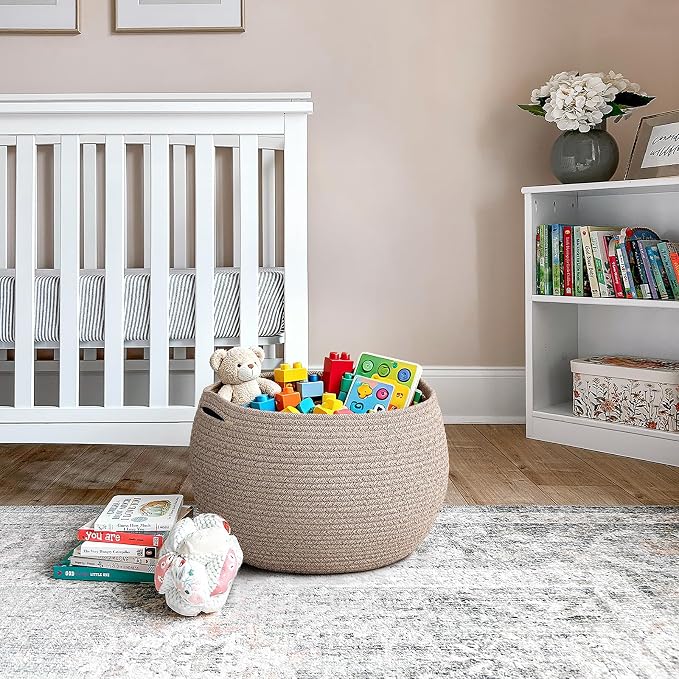 Goodpick Large Toy Storage Basket for Kids, Round, 15.7" x 10.5", Jute | Woven Rope Basket with Handles, Holds Blankets, Toys & Baby Shower, Decorative Basket for Living Room & Bedroom Décor