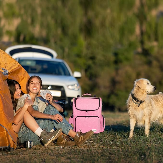 Modoker Multi-Compartment Dog Travel Backpack for Pet Supplies, Pink | Dog Travel Accessories Organizer with 2 Food Bags, 2 Bowls, Quick-Access Pockets, Tissue Opening, Luggage Sleeve, Feeding Mat