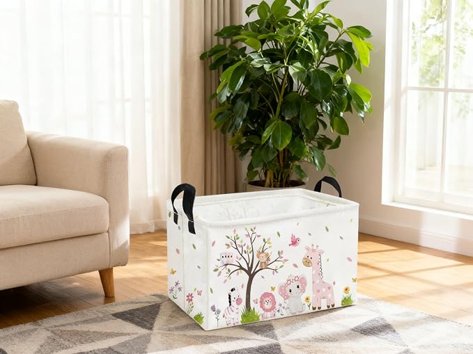 Essme Rectangular Animal Baskets,Pink Storage Basket with Handles for Room Decor,Cute Storage Bin（Pink animal）