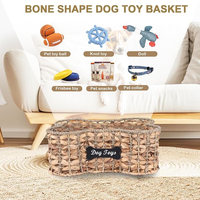 Handmade Wicker Baskets for Dog Toys,Bone Shaped Dogs Toy Bin with Wire Frame,Dog Toy Boxes for Living Room,Farmhouse Pet Stuff Organizer