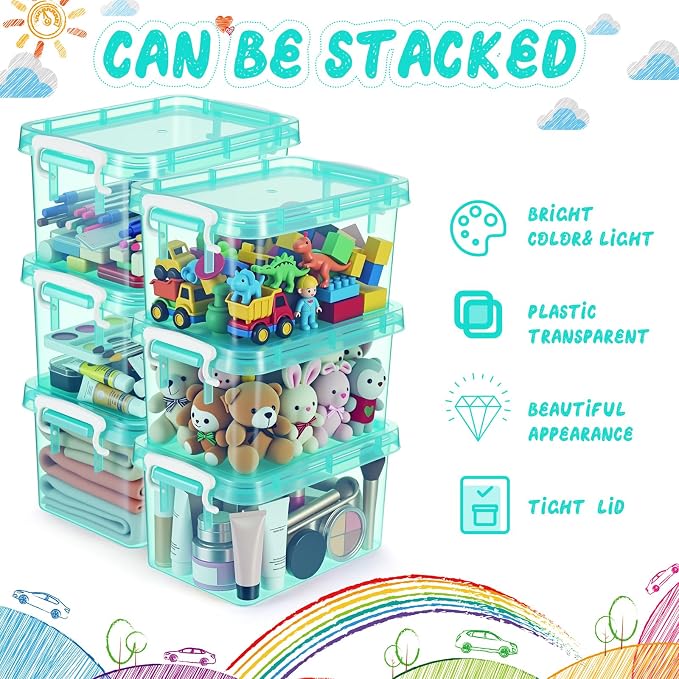 6 Pack Colorful Plastic Storage Bins with Lids 4 Quart Small Storage Latch Box Stackable and Nestable Clear Organizer Bins with Latching Handle and Buckle for Organizing (Teal)
