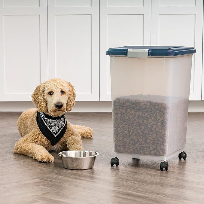 IRIS USA Dog Food Storage Container, Up to 54 lbs, Navy, Made in USA | Wheels for Mobility, Airtight Seal, BPA-Free, Best for Bird Seed, Cat food, Cat Litter, Chicken Feed, Pellets
