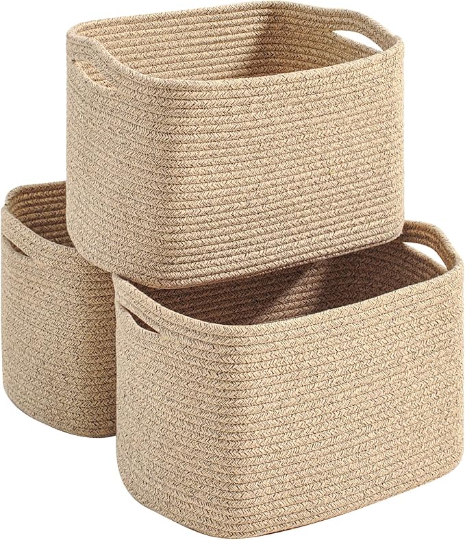 Storage Baskets for Organizing Shelves 14.8×11×9.5 Mixed Brown | Woven Cotton Rope Bins for Storage, Dog Toys, Cute Shelf Basket for Living Room Bedroom Bathroom Nursery, 3 Packs
