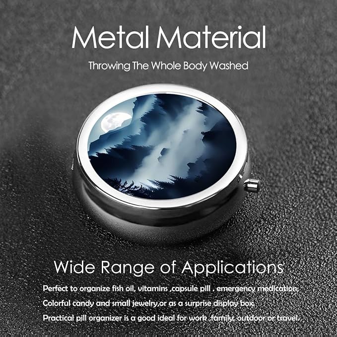 Pill Box, Small Pill Organizer with 3 Compartments and Mirror, Cute Round Portable Travel Metal Pill Case for Pocket or Purse, Privacy-Protecting Medicine Box-Moutain Moon Blue Black