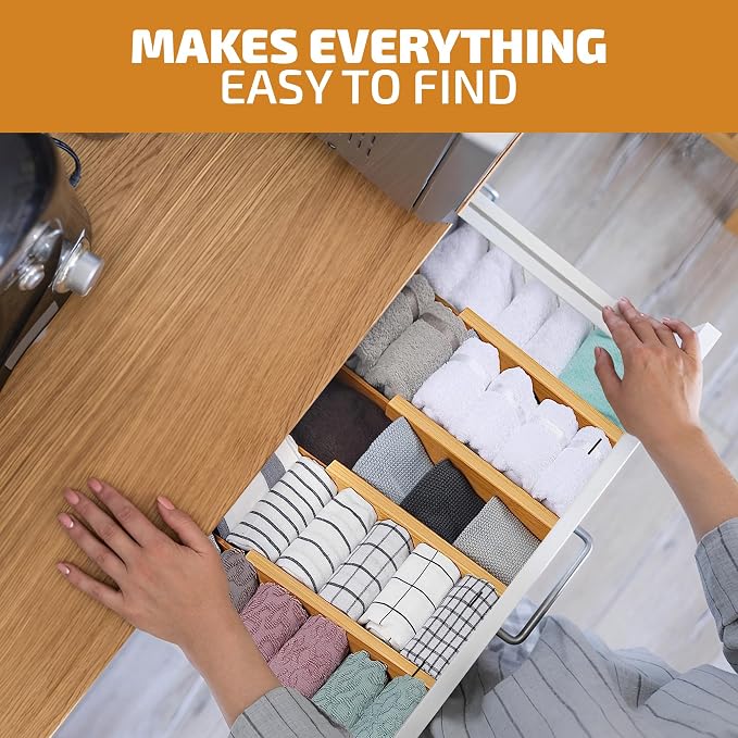 Bambüsi 4-Pack Drawer Divider - 2.6" High, 16" to 22" Adjustable Bamboo Drawer Organizers for Clothes, Expandable Dresser Separators in Bedroom/Bathroom/Kitchen/Office Organization and Storage