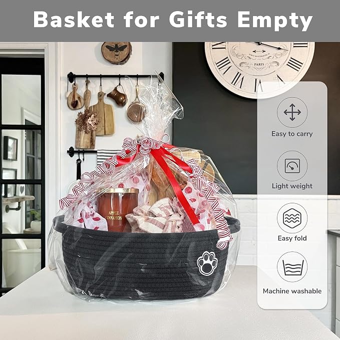 Woven Rope Dog Toy Basket with Paw Print, Black | 12"x 8" x 5" Small Dog Toy Bin & Box with Handles, Fits Living Room Bedroom Nursery Organization, Gift Basket Empty for Pets