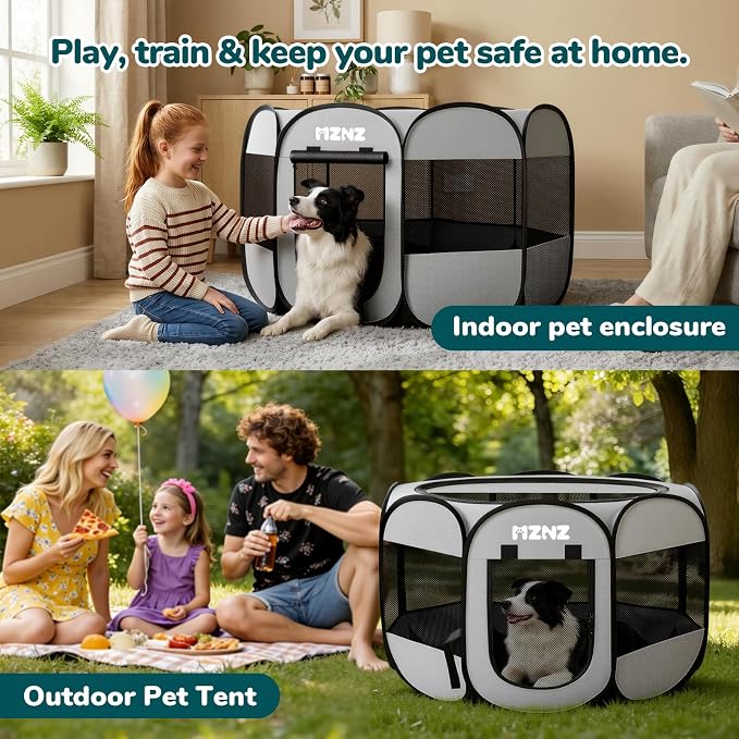 Dog Cat Small Animal Puppy Playpen Crate, Large, Whole Grey | Portable Pop Up Pet Cage Enclosure Tent Kennel Indoor Outdoor with Carrying Case, No Assembly, Camping Use