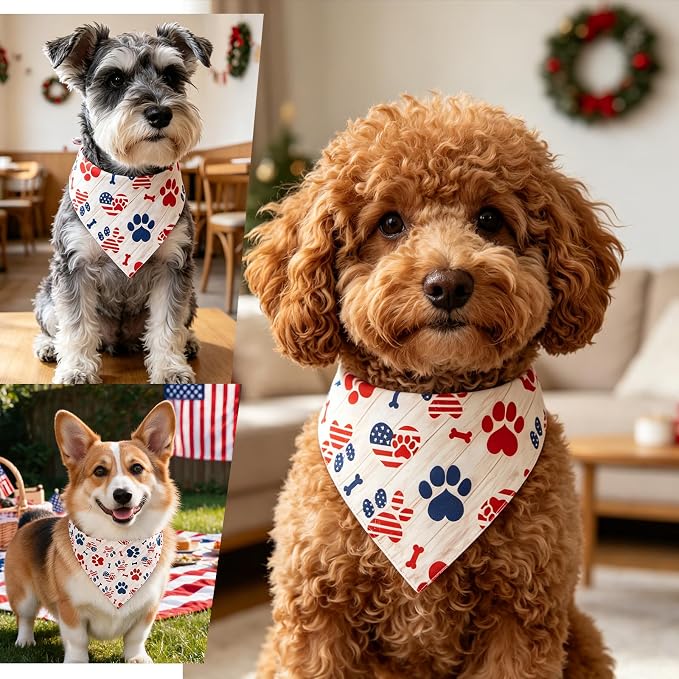 American Flag Dog Bandana,Patriotic Star-Spangled Paw Print Triangle Scarf,Adjustable Snap Button Pet Bib with American Flag Design,Small & Medium Breeds (5-30lbs)
