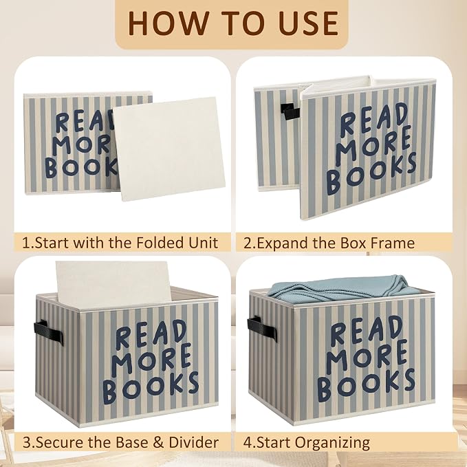 Reading Room Book Foldable Storage Bins Box with Handles, Read More Books Blue Striped Decorative Storage Boxes Baskets Toybox Organizer for Library Reading Nook Corner Room Classroom