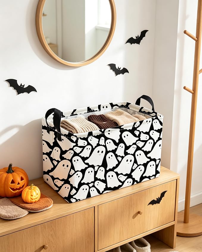 Essme Rectangular Halloween Basket,Ghost Storage Bins Organizer with Handles for Room Decor, Gift Basket.(Black Cute Ghost)