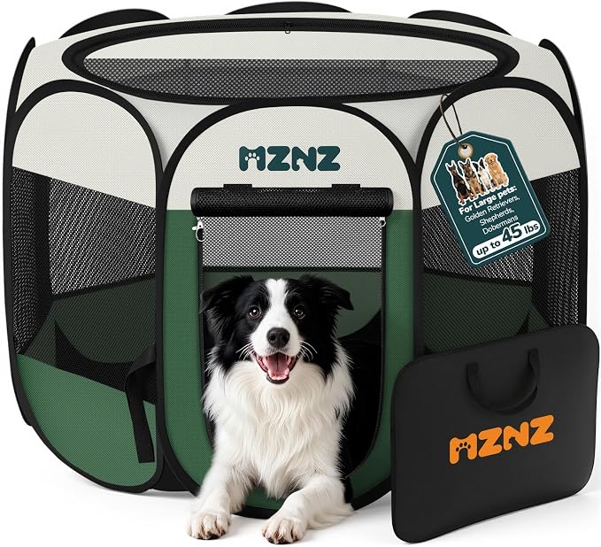 Dog Cat Small Animal Puppy Playpen Crate, Large, Dark Green | Portable Pop Up Pet Cage Enclosure Tent Kennel Indoor Outdoor with Carrying Case, No Assembly, Camping Use
