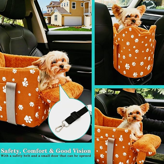 Center Console Dog Car Seat Safe Travel for Small Dogs Under 15 lbs Detachable Washable Pet Carrier with Storage Pockets & Safety Leash (Orange)