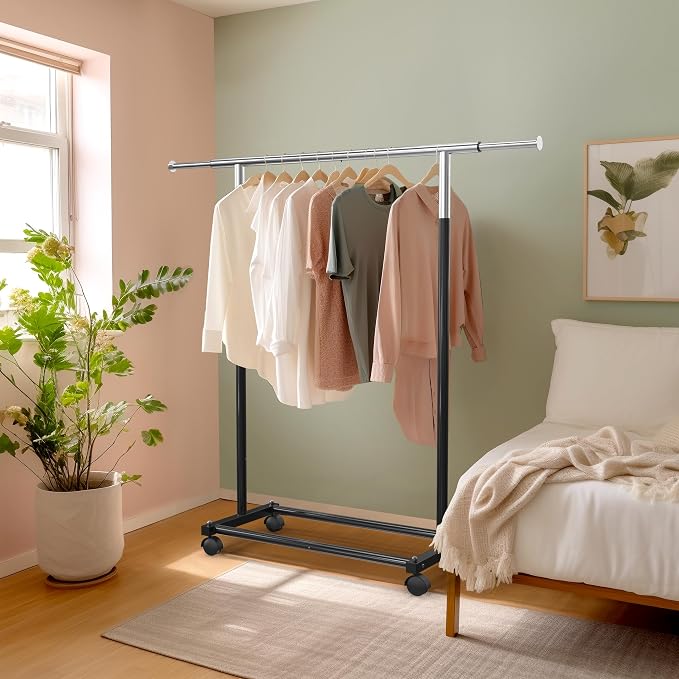 Simple Houseware Standard Rod Garment Clothing Rack, Black | Single Rail, Extendable Width from 30 to 47 Inches, Rolling Clothing Organizer for Bedroom, Laundry, Living Room