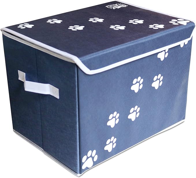Large Dog Toys Storage Box 16" x 12" Pet Toy Storage Basket with Lid. Perfect Collapsible Canvas Bin for Cat Toys and Accessories Too! (Blue)