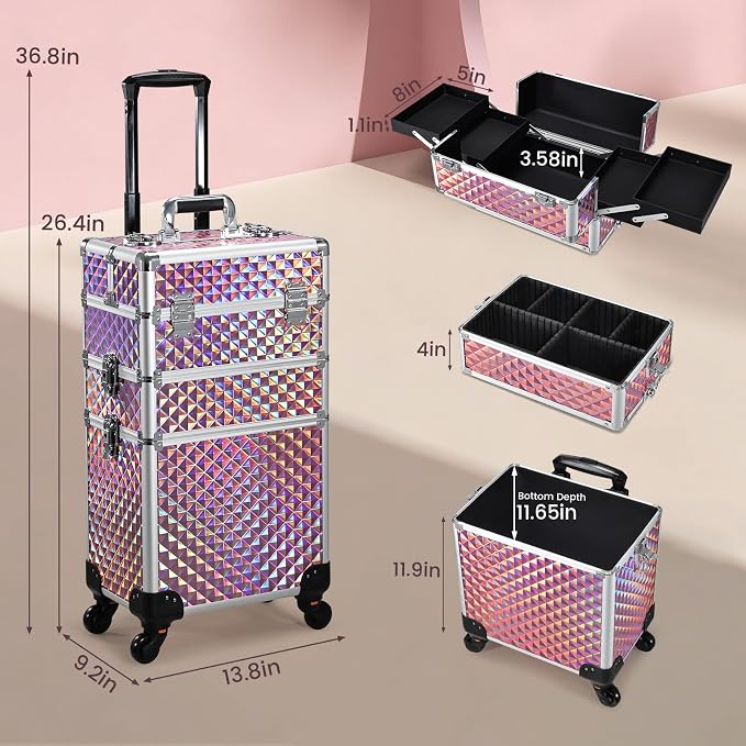 3 in 1 Rolling Makeup Train Case Cosmetology Case on Wheels Pink | Cosmetic Trolley Large Storage with Keys 360° Swivel Salon Barber Case Traveling Cart Trunk for Artist Hairstylists Nail Tech