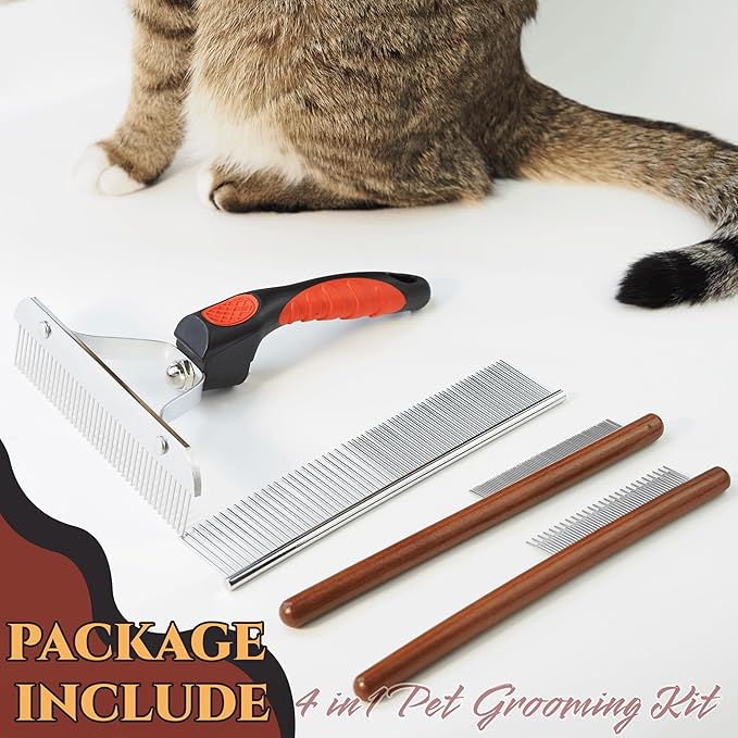 Rake Brush for Dogs, 4-Pack Long-Tooth Undercoat Brush Set, Grooming Rake & Steel Shedding Comb & Double-Sided Teech Comb & for Double Coat German Shepherds Horses