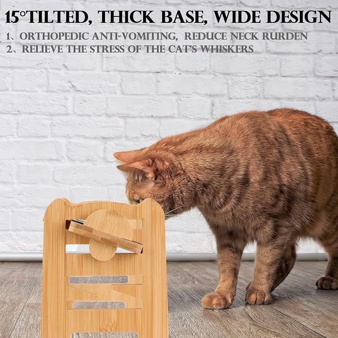 2 Set Elevated Dog Cat Bowls, 15 Tilted Raised Pet Bowl for Puppy and Cats Adjustable Dog Food Feeding Dishes Wood Stand Pet Feeder with Stainless Steel and Non Slip Feet