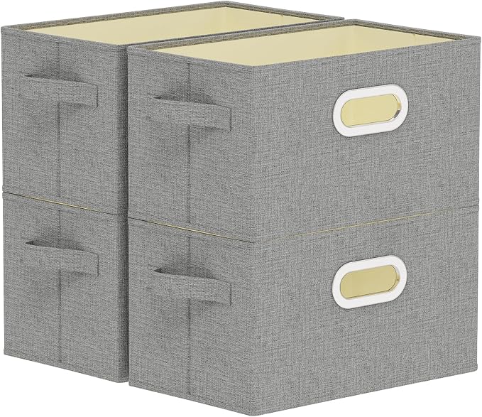 Washable Storage Box with Fabric Handle,Grey,15x9.8x9.8in,4 Pack | Open Storage Bins with Metal Grips,Moisture-Proof PP Board Closet Organizers,Foldable Cloth Baskets for Garment Cabinet