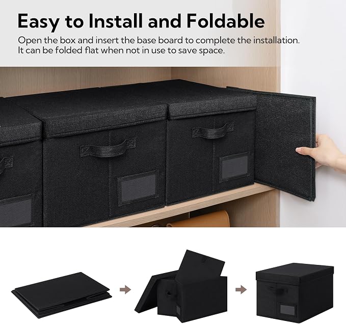 GRANNY SAYS Storage Bins with Lids, Decorative Storage Boxes with Lids | Storage Box with Dust Cover, Handles & Lable, Collapsible, Ideal for Closet Clothes Blanket Toys, Large, Black, 3-Pack
