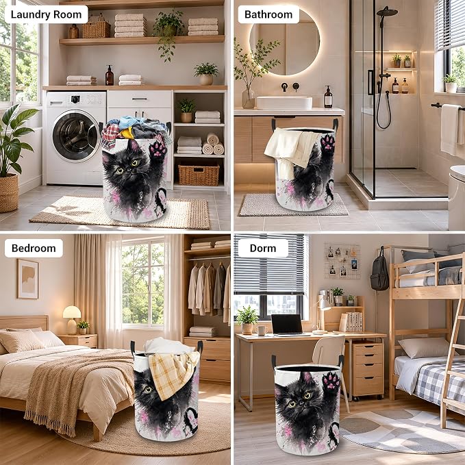 Black Kitten Laundry Basket Oxford Cloth Pink Paw Laundry Hamper With Handle Foldable Portable Clothes Storage Basket Storage Bag For Laundry Room/Bathroom/Bedroom/Dormitory 20.8"x16"