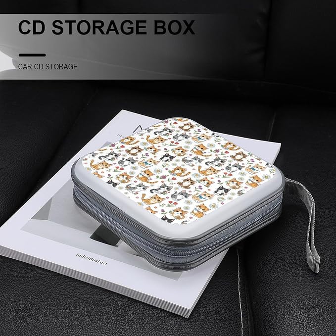 Hard Shell DVD CD Organizer Kawaii Cat Kitten, 40-Disc Storage Binder with Zipper Closure, Portable Protective Case for Travel Home