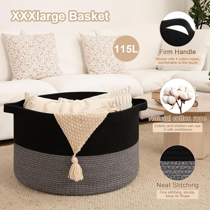 OIAHOMY 115L Extra Large Blanket Basket for Living Room, 23.6" x 15.4" Woven Cotton Rope Laundry Basket for Organizing Pillows, Decorative Stuffed Animal Toy Storage for Nursery, Black and Grey