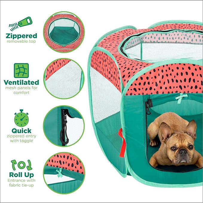 Furhaven Portable Dog Playpen Cat Tent, Pet Playground,Kennel Foldable Indoor Outdoor Zippered Puppy Crate - Green & Pink, Small