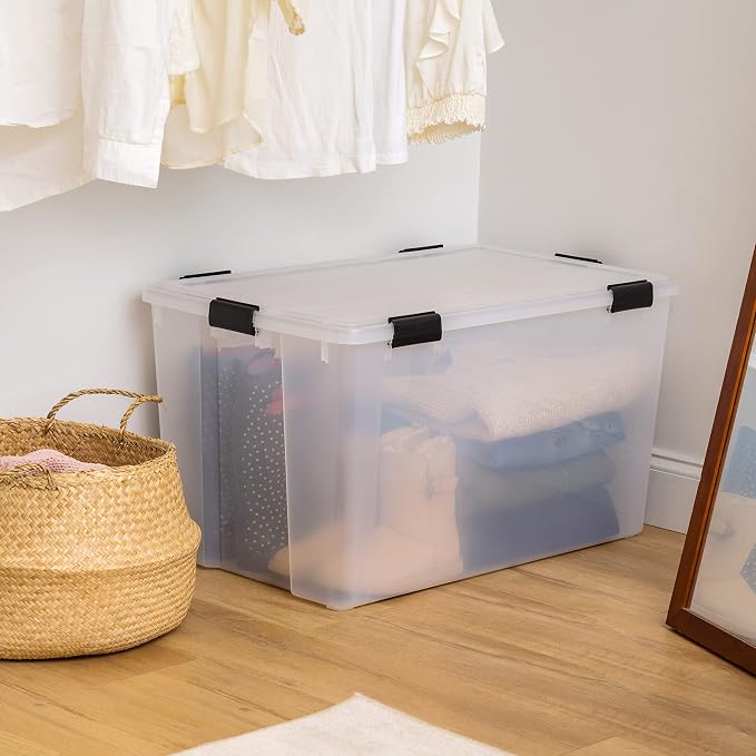 IRIS USA 156 Qt Storage Bins with Gasket Lids, Clear/Black | WeatherPro seal helps protect bulky items for moving, garage, attic and basement storage