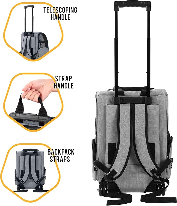 Deluxe Backpack Pet Travel Carrier with Double Wheels for Pets up to 10 Pounds - Black - Approved by Most Airlines