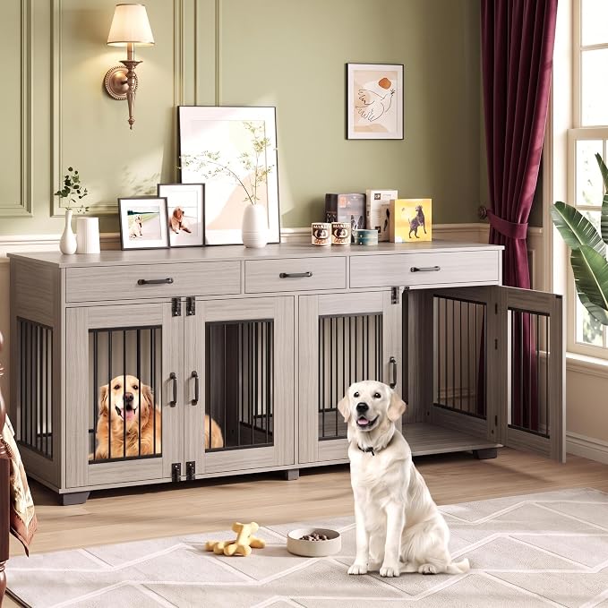 IDEALHOUSE Large Double Dog Crate Furniture with Storage Drawers, Grey | Wooden Dog Kennel with Divider, 3 Drawers, TV Stand, Heavy Duty Dog Bed & Sofa for Medium and Large Dog, 71 Inch Dog Cage