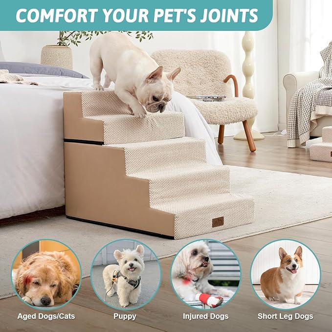 COZY KISS Dog Stairs for Small Dogs, 5 Step Pet Stairs for Beds & Couches | 23.6" Extra Wide Non-Slip Dog Steps with Removable Tiers & Support Board for Puppies, Older Cats & Dogs, Beige