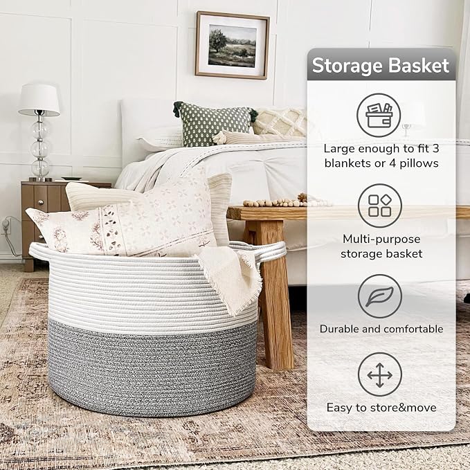 Goodpick Woven Blanket Basket Living Room, Toy Bin for Playroom, 85L | 21.7 x 21.7 x 13.8 In Toy Storage Basket for Nursery, Baby Laundry Hamper for Towels, Clothes, Light & Grey