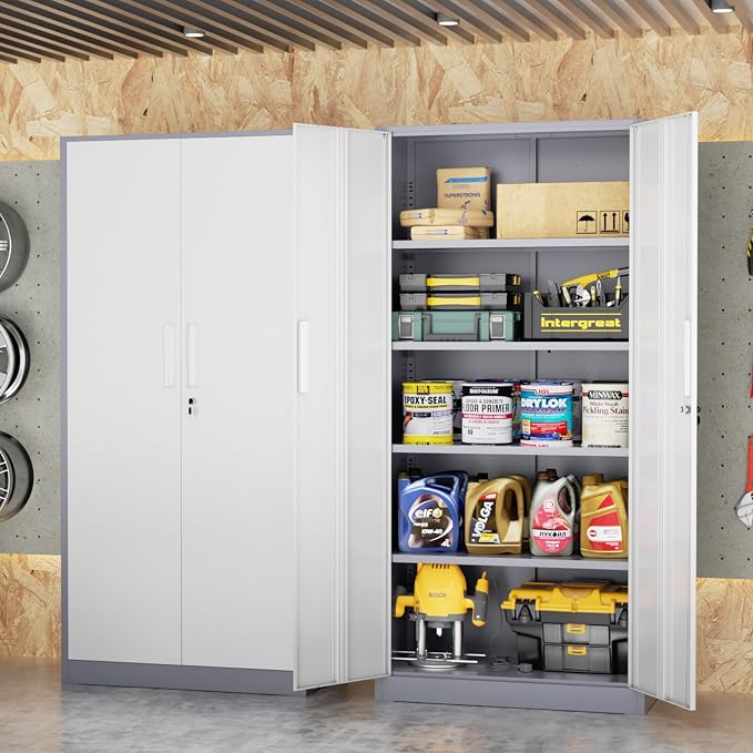 Crownland 72" Metal Storage Cabinet, Lockable Garage Cabinets, High Office Storage Cabinet with Adjustable Shelves for Garage, Home Office, Classroom, Pantry, File(Grey White-Narrow Size)