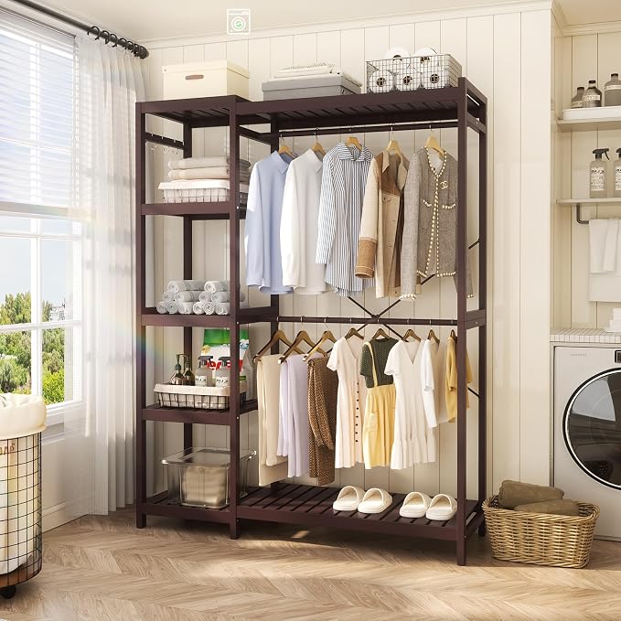 Bamboo Closet System, 41.4” Wide Clothing Rack, 78.8”H, Espresso | Freestanding Clothes Rack with 7 Adjustable Shelves, 2 Rods, 4 Hooks, Open Wardrobe Organizer, Wood Garment Rack for Bedroom