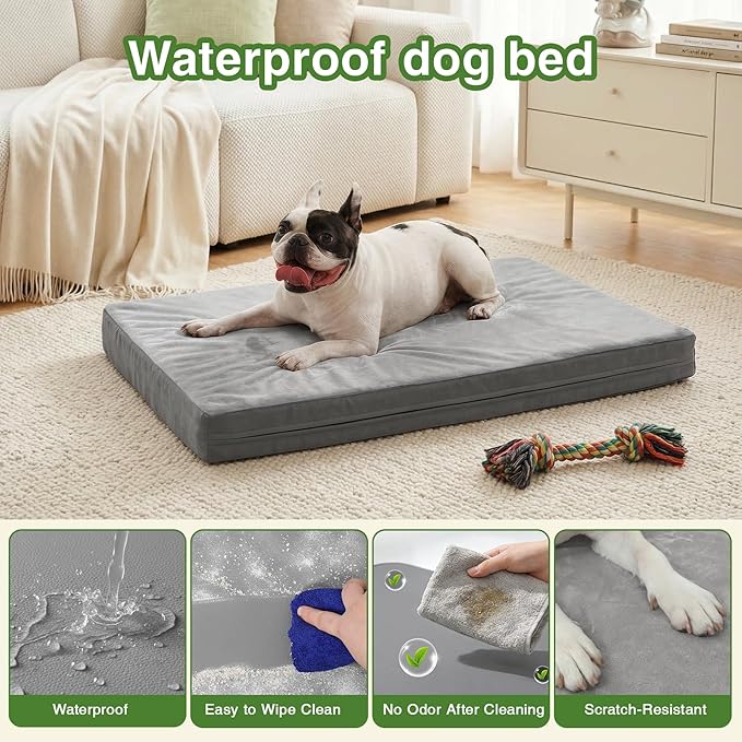 Waterproof Dog Bed Medium Size Dog, Washable Crate Pad 30" Orthopedic Gray | Outdoor Pet Bed Foam, Reversible Faux Leather & Flannel, Removable Cover,Anti-Slip Kennel Pad 29"x18"