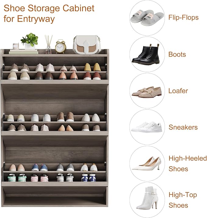 GarveeHome Shoe Cabinet with 3 Flip Drawers, Wooden Shoe Organizer Cabinet with Adjustable Shelf, Shoe Storage for Entryway, Hidden Shoe Cabinet for Hallway, Living Room, Grey