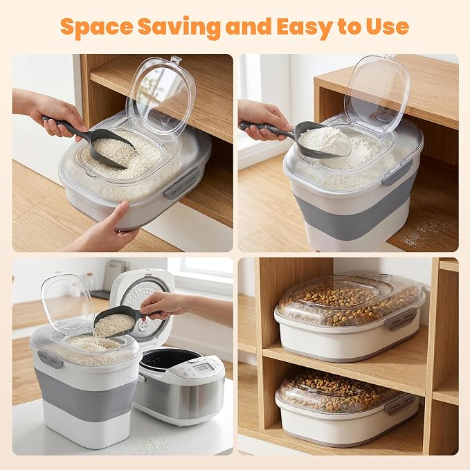 50 Lbs Rice Storage Container, Collapsible Pet Food Container | Airtight Dog Food Storage Container with Wheels, Transparent Lid, 2 Measuring Cup, 2 Scoop, BPA Free for Cat Food, Bird Seed