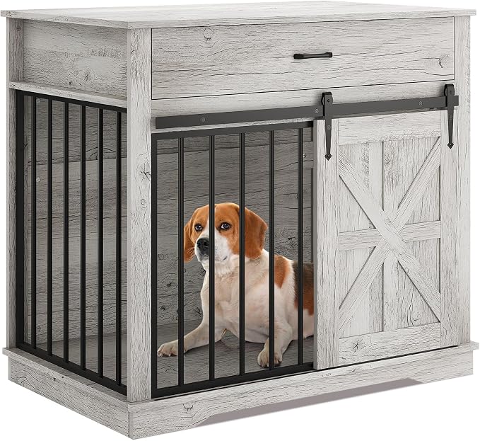 GarveeHome Dog Crate Furniture, 37.8" Large Dog Kennel Indoor, Wooden Kennel Table with Sliding Barn Door and Storage Drawer, Indoor Dog House for Large/Medium/Small Dogs
